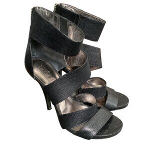 DKNY Sz 7 Strappy Stiletto Sandals Zip Back Textured Caged Ankle Strap High Heel